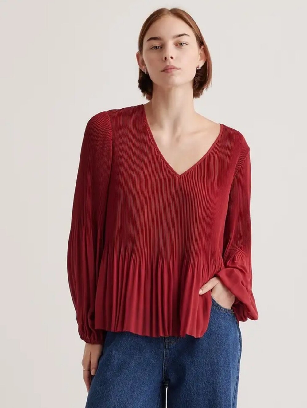Quince Chiffon Pleated V Neck Blouse | Romantic Feminine Poet Sleeve Top | Sz L
